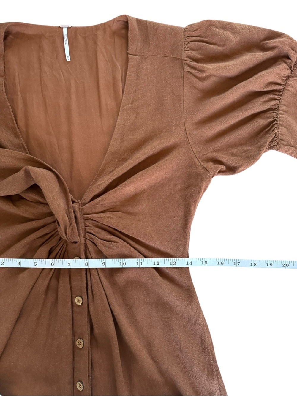 Free People Vintage Summer Midi Dress M Chocolate Swirl Twist Front Linen Blend - Picture 13 of 16